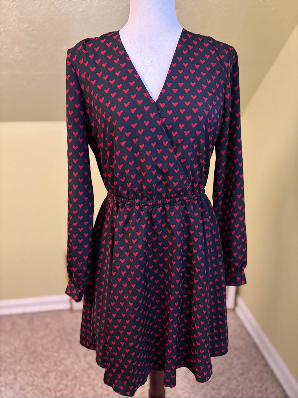 Maison Jules Black & Red Heart Print Faux Wrap Mini Dress Size M Coquette Twee